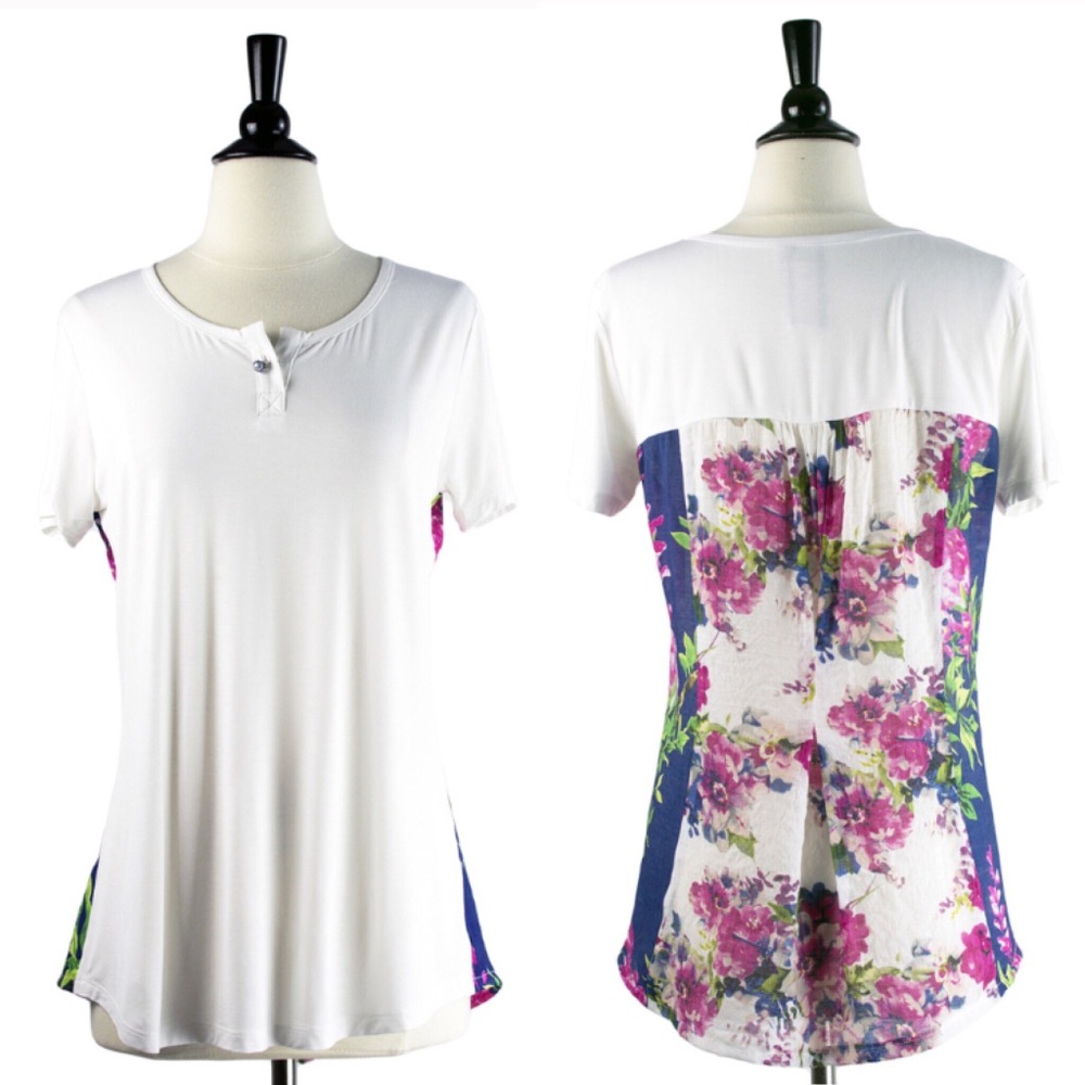 Floral Panel White Short Sleeve Women’s Top